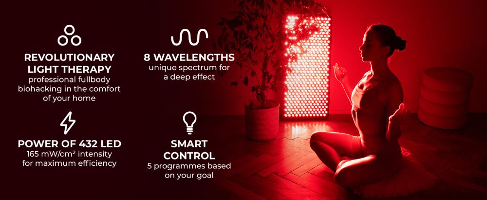 Avantages et caractéristiques du panneau de luminothérapie rouge Max - GymBeam