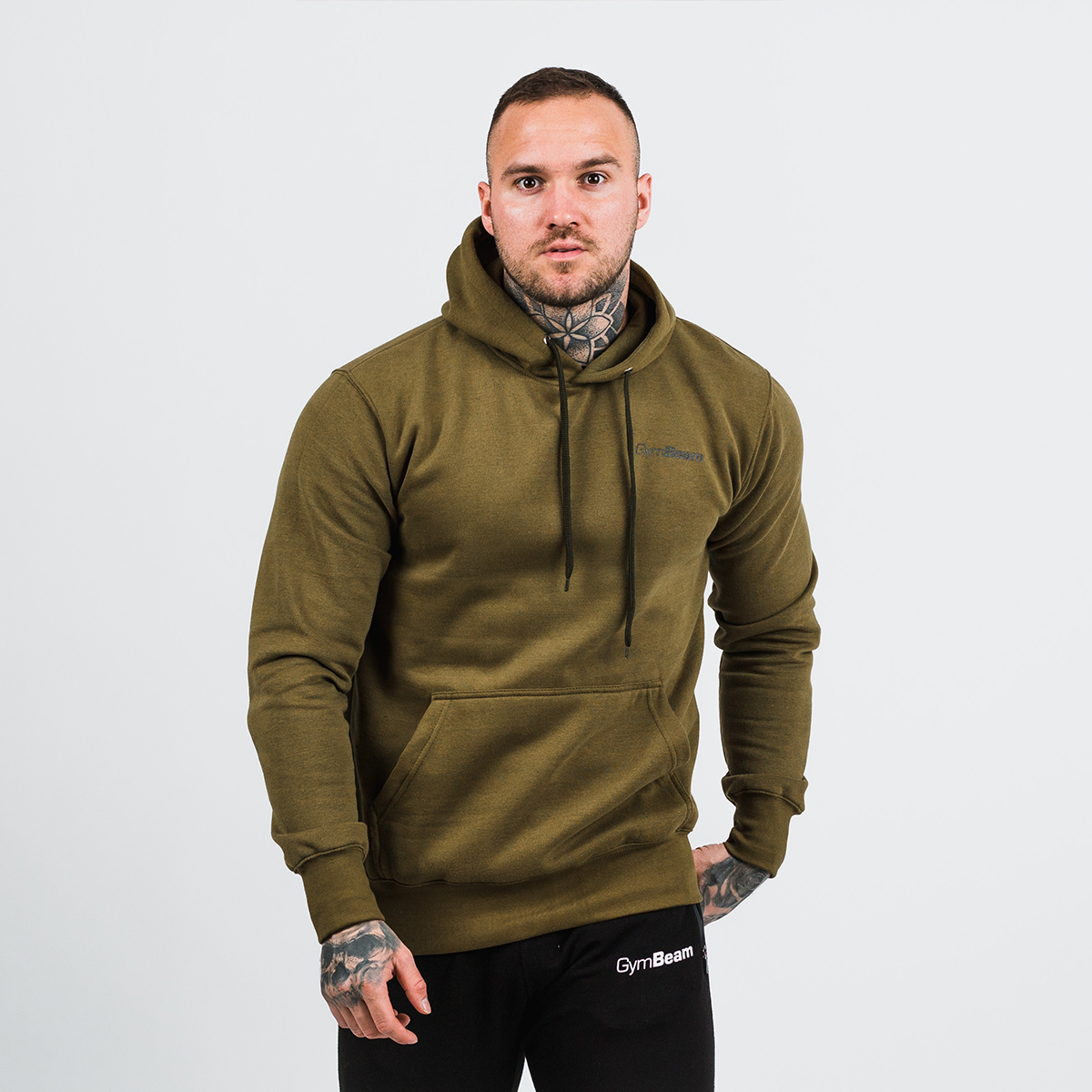 Sweat à capuche pour hommes, couleur vert militaire, noir - GymBeam.