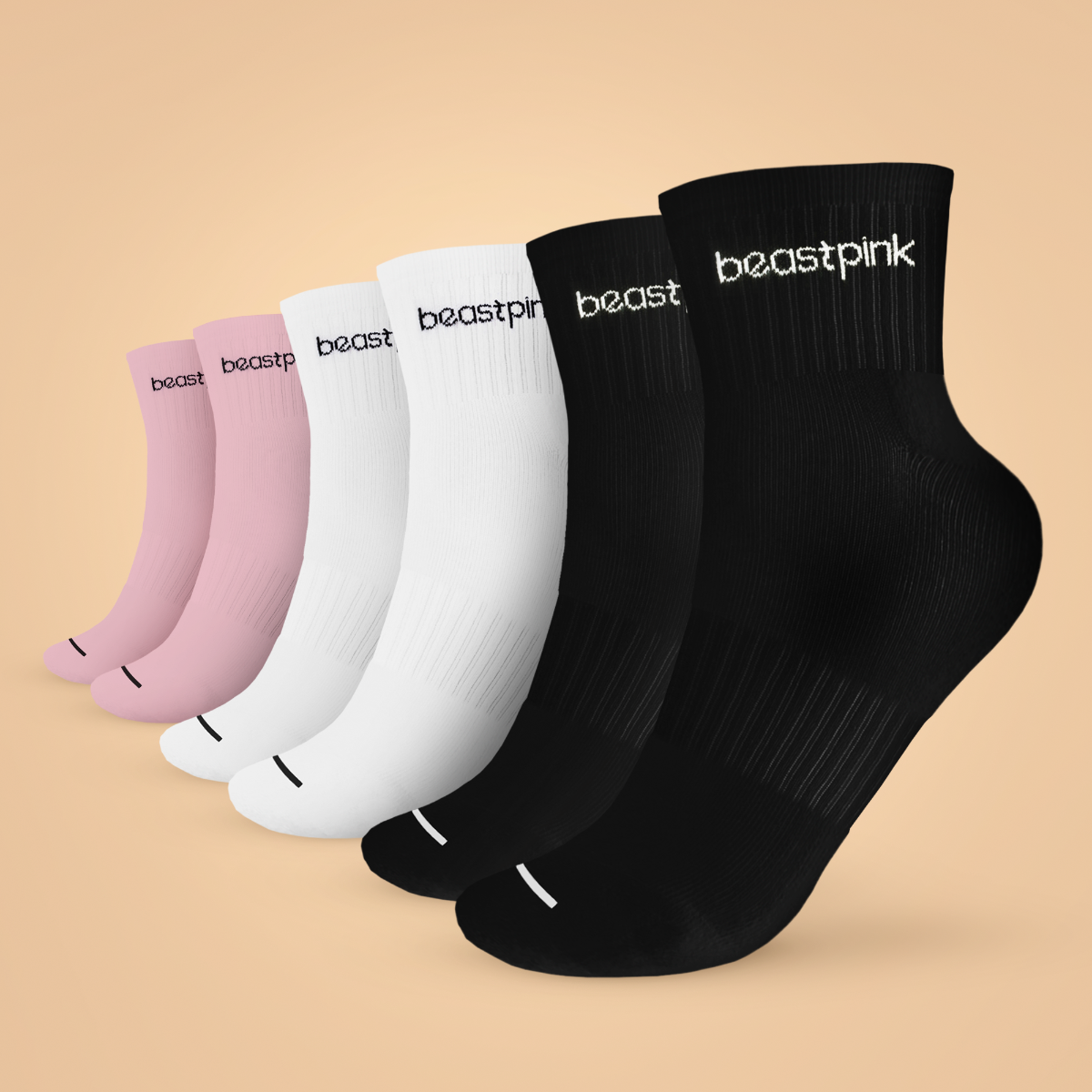 Chaussettes mi-hautes, lot de 3 : blanc, noir, rose - BeastPink.
