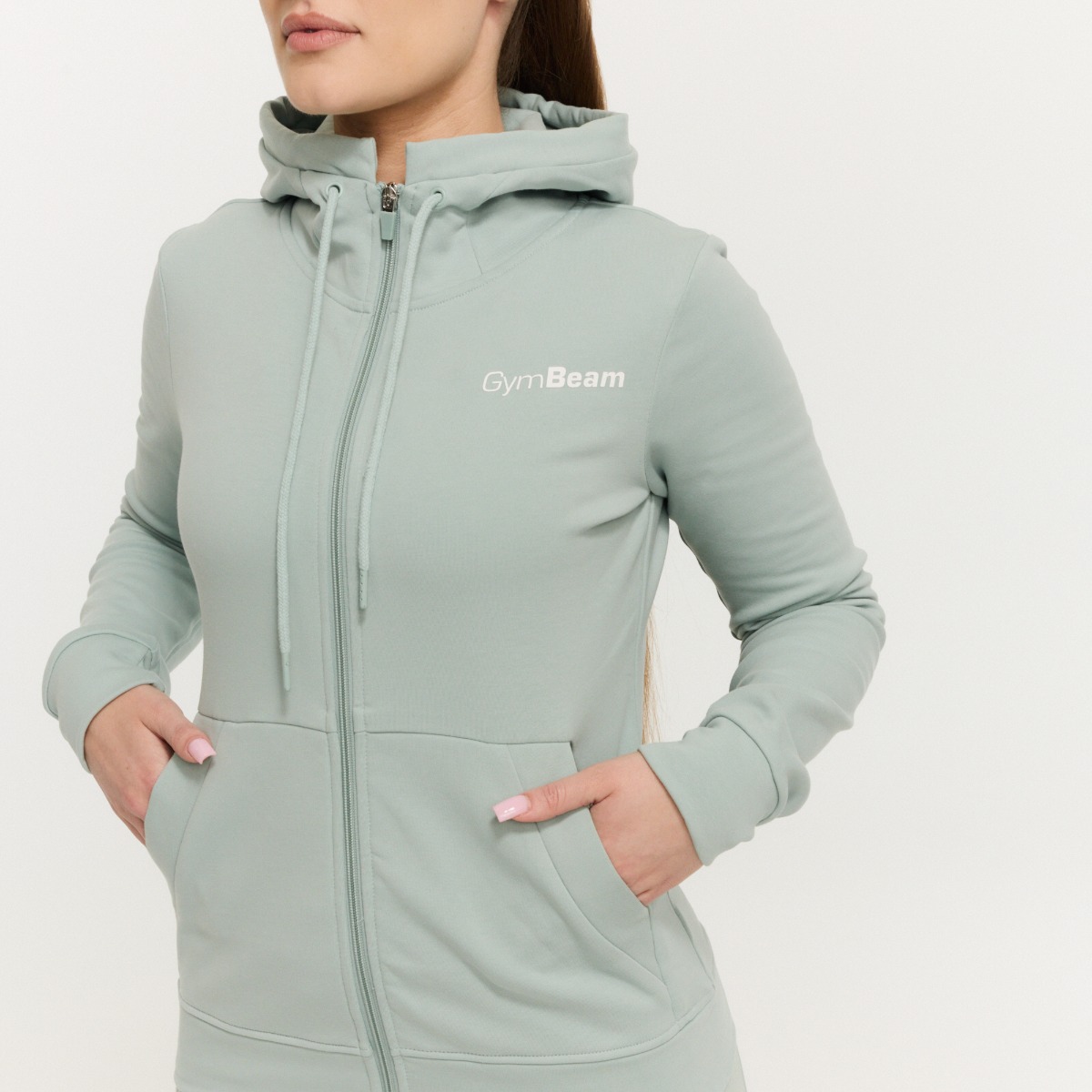 Sweat à capuche zippé pour femmes, modèle Limitless, couleur Eucalyptus - GymBeam.