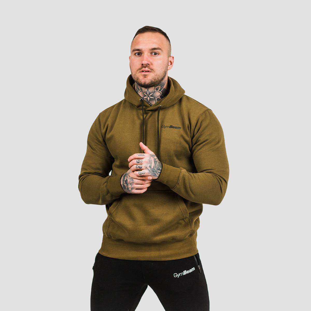 Sweat à capuche pour hommes, couleur vert militaire, noir - GymBeam.