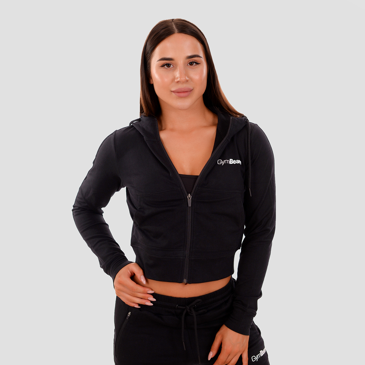 Sweat à capuche zippé pour femmes, couleur noire - GymBeam.