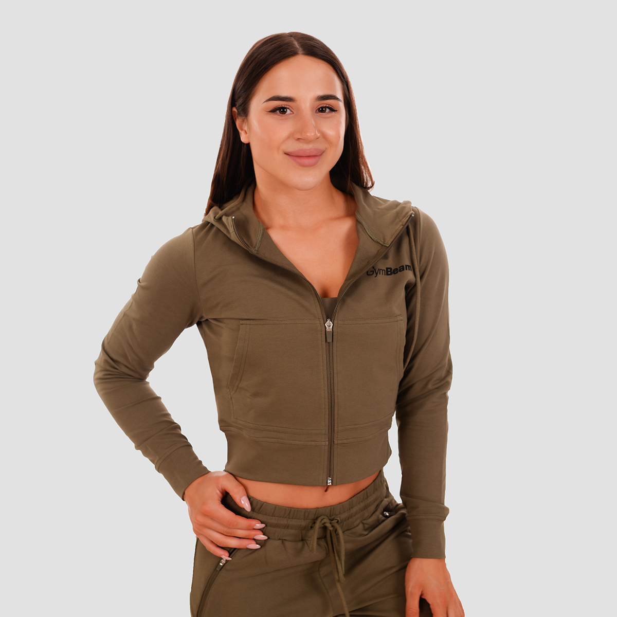 Sweat à capuche zippé pour femmes, couleur olive - GymBeam.