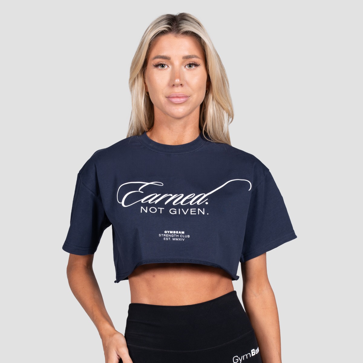T-shirt court pour femmes, modèle Earned, couleur bleu nuit - GymBeam.