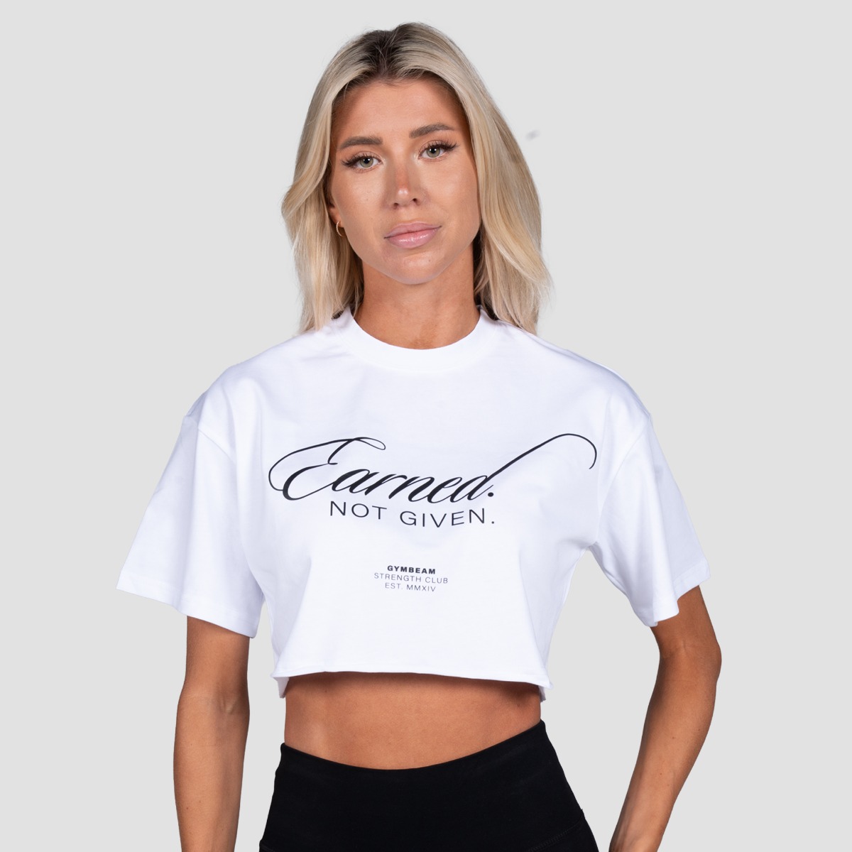 T-shirt court pour femmes, modèle Earned, couleur blanche - GymBeam.