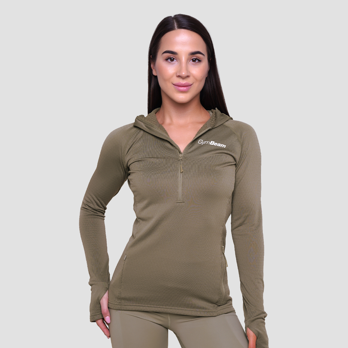 Sweat de course à demi-fermeture pour femmes, modèle Pulse, couleur Vetiver - GymBeam.