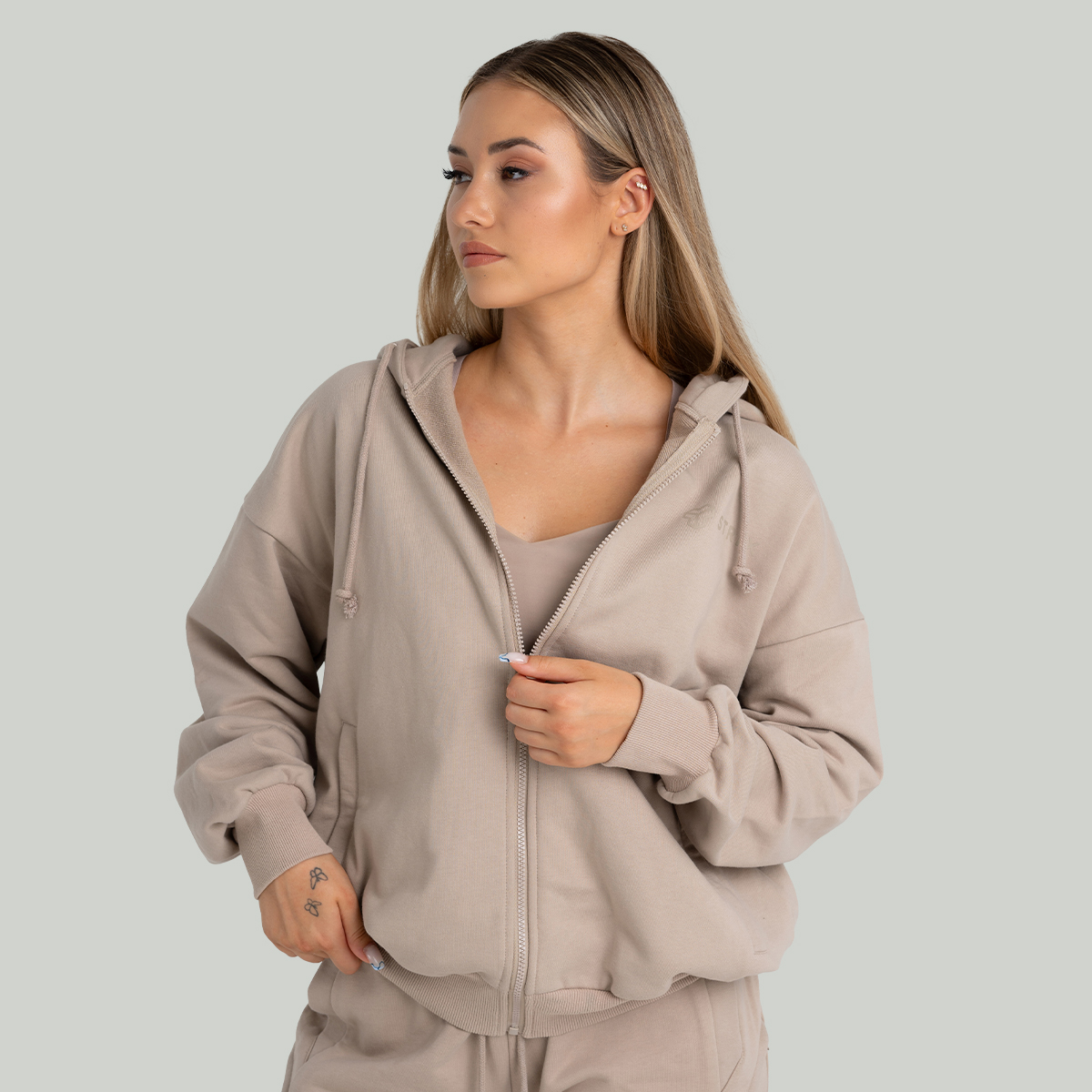 Sweat à capuche pour femmes, fermeture éclair, couleur taupe - STRIX.