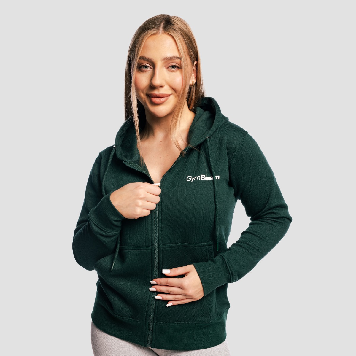 Sweat à capuche pour femmes, fermeture éclair, couleur vert pin - GymBeam.