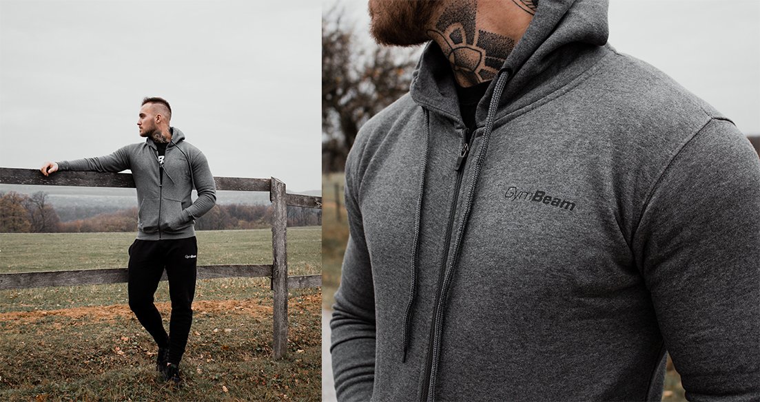 Sweat à capuche pour hommes, fermeture éclair, gris, noir - GymBeam